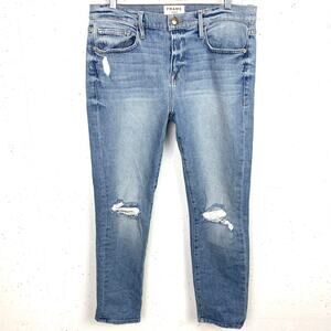 Frame Denim Womens Le Boy Distressed Jeans Shredded Holes Mclane Blue Size 31